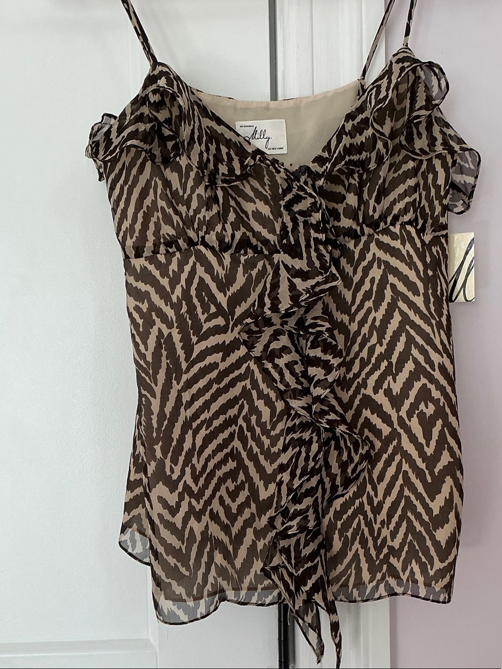 Milly of NY Brown Patterned Ruffle Silk Camisole